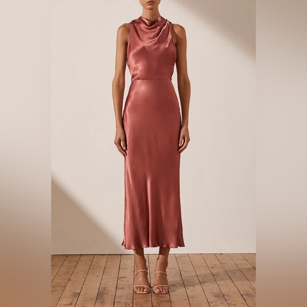 Shona Joy La Lune High Neck Midi Dress in Terracotta